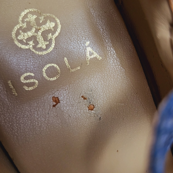 Isola Womens 7.5 Navy Blue Snake Embossed Triple Strap Buckle Open Peep … - Picture 8 of 15